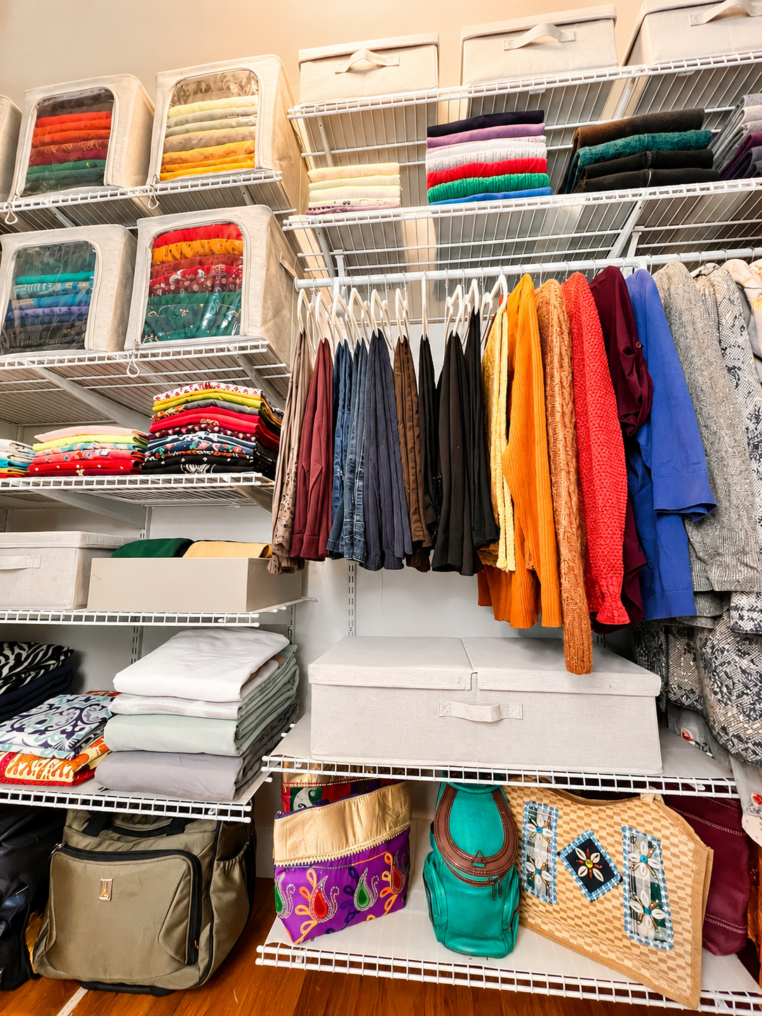 Closet with shelves, labeled bins, and colorful clothing organized by category.