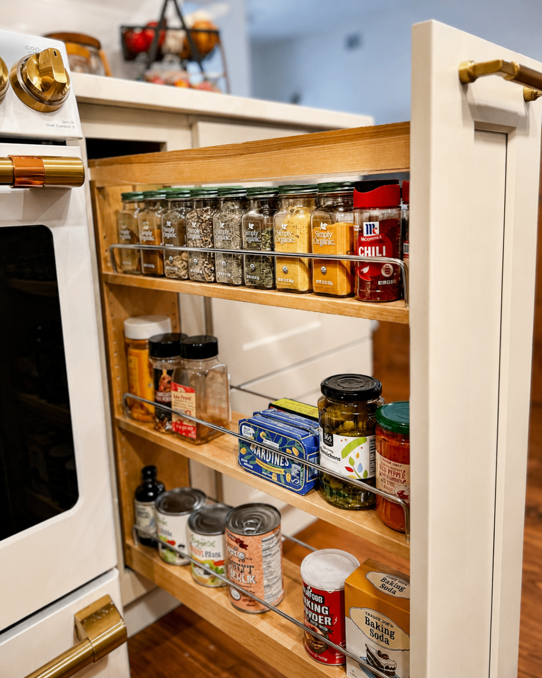 Pantry with shelves and small appliances organized by category.
