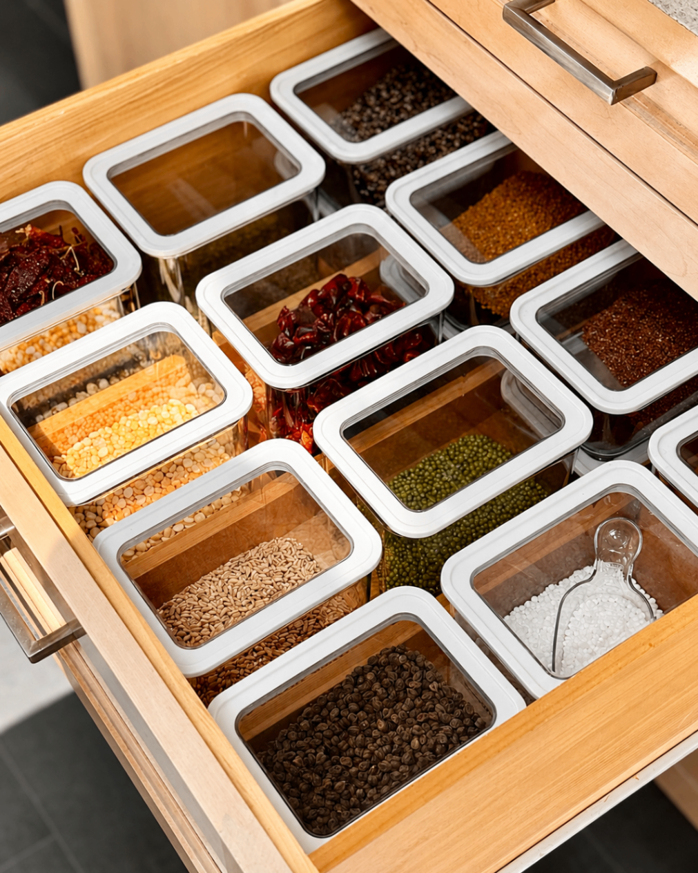 Drawer with pantry staples and grains organized in clear containers.